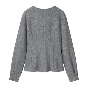 Back view of a grey long-sleeved top with a hidden zipper and waist dart detailing.