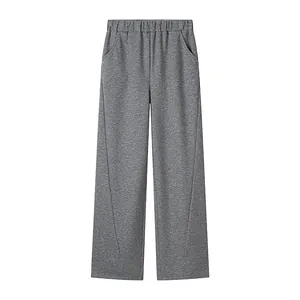 Casual grey high-waisted wide-leg sweatpants for women with side pockets and elastic waist