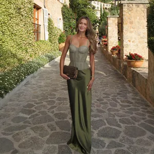 Elegant olive green lace corset top and satin maxi skirt two-piece set for summer