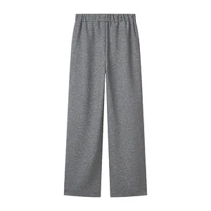 Close-up detail of gray wide-leg lounge pants with comfortable elastic waistband