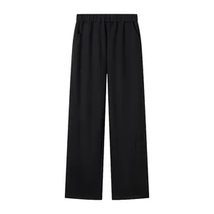 Front view detail of women's black high-waisted wide-leg trousers with elastic waistband
