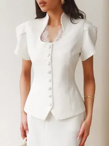 Elegant white slim fit short sleeve top with puff sleeves and lace neckline detail