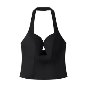 Detailed view of a sexy black deep V-neck halter top with a stylish front zipper