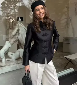 Elegant black satin blazer for women with traditional Chinese frog buttons and stand collar