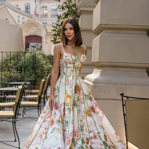 Damen Französisches Vintage Blumenmuster Maxi Kleid Neckholder Schulterfrei Slim Fit Korsett Hohe Taille Großer Swing Sommer Strandurlaub Party Kleid Top And Bottom