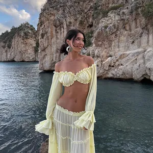 Sexy off-shoulder ruffled top and tiered maxi cake skirt set for summer beach wear