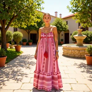 Abito Maxi da Donna con Patchwork all'Uncinetto Boemo Stampa Etnica Vestito a Spalline per Vacanze Estive Mare Gonna Lunga