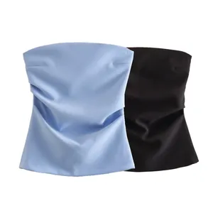 Débardeur bustier plissé pour femme en bleu clair et noir, coupe ajustée été