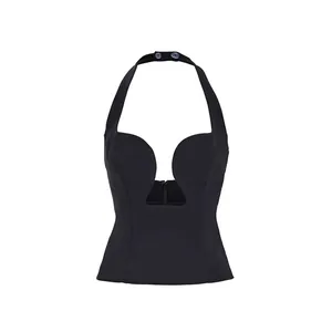 Black deep V-neck halter top with front zipper and midriff-baring waist-cinching fit