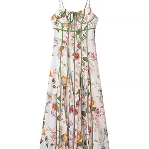 Französisches Vintage-Blumenkleid mit grünen Paspeln und tailliertem Korsett-Design