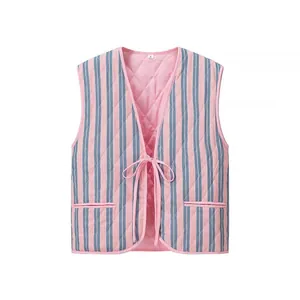 Detailed view of a V-neck quilted vest with pink and blue stripes and front tie strings.