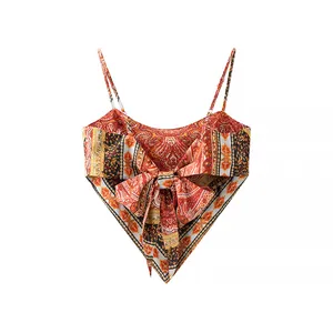 Bohemian printed camisole with large back bow tie and paisley pattern detailing