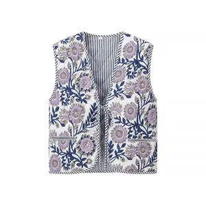 Detailed view of floral quilted vest with V-neck, tie front and striped lining