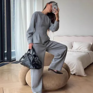 Women Peplum Top And Wide Leg Pants Elegant Long Sleeve Round Neck Solid Color Casual Office Work Outfit