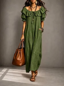 Vestido largo verde con volantes para vacaciones de playa y accesorios estilo boho