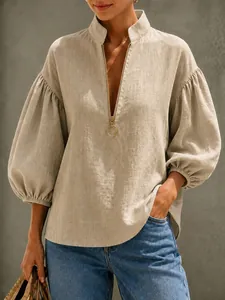 Dames V-hals Blouse Metalen Rits Lantaarnmouwen Ruime Casual Top Effen Kleur Polyester Shirt Modieuze Blouse