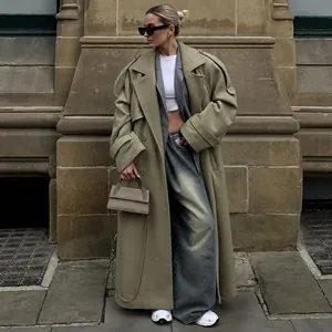 European style oversized olive green wool coat with large lapel for women