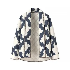 Detail view of women's quilted kimono jacket with blue abstract print and open front