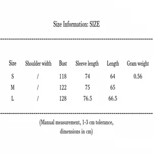 Detailed size chart showing bust and length measurements for women's kimono wool jacket