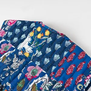 Macro detail showing vibrant floral and paisley patterns on a quilted vest for women
