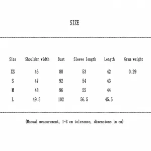 Detailed size chart for elegant sequin jacket, measurements in cm for sizes XS to L.