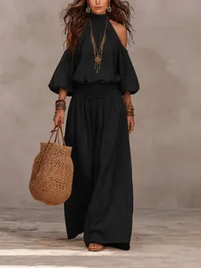 Elegantes schwarzes schulterfreies Set mit weitem Bein und gesmokter Taille für Damen