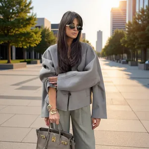 Women Casual Kimono Style Woolen Jacket American Minimalist V-Neck Long Sleeve Outerwear Top Elegant Solid Color Spliced Fashion Coat