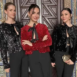 Chaqueta Corta de Lentejuelas Brillantes con Lazo para Mujer Ropa de Abrigo Elegante para Fiesta Invierno Manga Larga Cuello Redondo Top