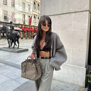 Elegant grey kimono style wool jacket for women, loose fit lantern sleeve spring outerwear