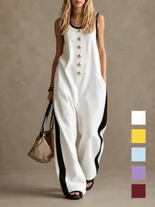 Women Fashion Sleeveless Round Neck Color Block Jumpsuit With Golden Buttons Decoration Casual Wide Leg Long Pant Jumpsuit