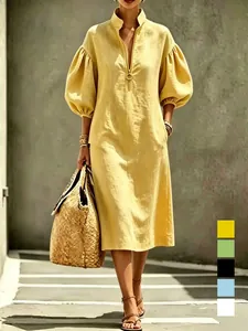 Women Casual Solid Color Puff Sleeve Dress Stand Collar Zipper Loose Midi Dress For Spring Summer Daily Wear Top And Bottom