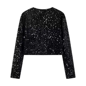 Detailed back view of an elegant black sequined cropped jacket for women's chic evening wear