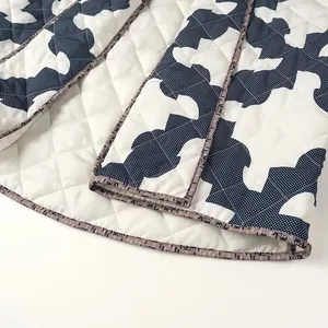 Close-up showing the quilted texture and floral bound edges of a blue print kimono jacket