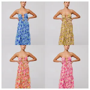 Collage of four floral bohemian beach maxi dresses in different vibrant colors
