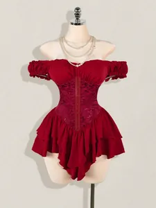 Off Shoulder Jacquard Patchwork Ruffle Chiffon Mini Dress Layered Hem A-Line Corset Style Elegant Sexy Party Dress