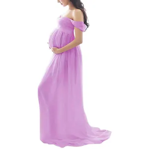 Elegant lavender off-the-shoulder maternity photoshoot gown with a long train detail.