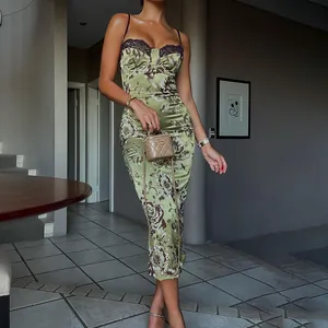 Elegant floral print midi slip dress with black lace trim and slim fit silhouette