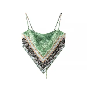 Green paisley print women's bandana camisole with irregular hem and adjustable straps