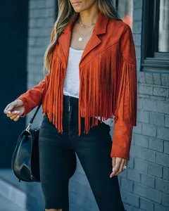 Stylish burnt orange long-sleeved fringe jacket for women with bohemian tassel details
