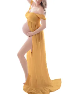 Elegant yellow off-the-shoulder maternity dress with front slit for photo shoots