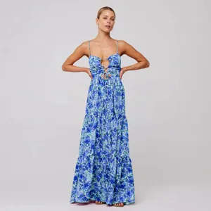 Detail view of Bohemian blue floral print maxi dress with tie-front cut-out design.