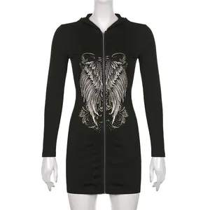 Slim fit black hooded long sleeve mini dress featuring a detailed angel wing print and front zipper