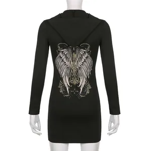 Detailed back view of a slim-fit black hooded long-sleeve dress with ornate wing print
