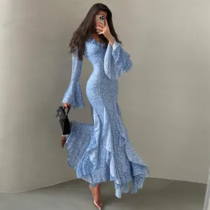 Women Summer Floral Print Doll Collar Flare Sleeve Dress Elegant Ruffle Trim High Waist Slim Maxi Fishtail Dress Date Light Blue