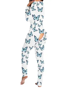 Detailansicht Damen-Jumpsuit mit Schmetterlingsprint und funktionaler Gesäßklappe