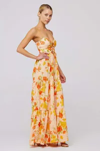 Bohemian floral spaghetti strap maxi dress with tie-front detail shown on model