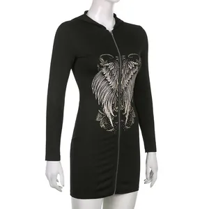 Slim fit black hooded long sleeve dress with wing print and full zipper.