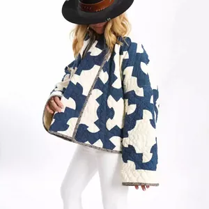Women Fashion Printed Quilted Kimono Jacket Long Sleeve Open Front Geometric Pattern Cotton Padded Coat Casual Outerwear