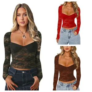 Top da Donna Sexy in Pizzo a Maniche Lunghe Scollo a V Traforato Vestibilità Aderente Stile Intellettuale Maglietta Top per l'Estate