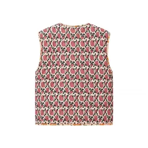 Back view detail of a chic vintage pink floral print quilted sleeveless vest for women